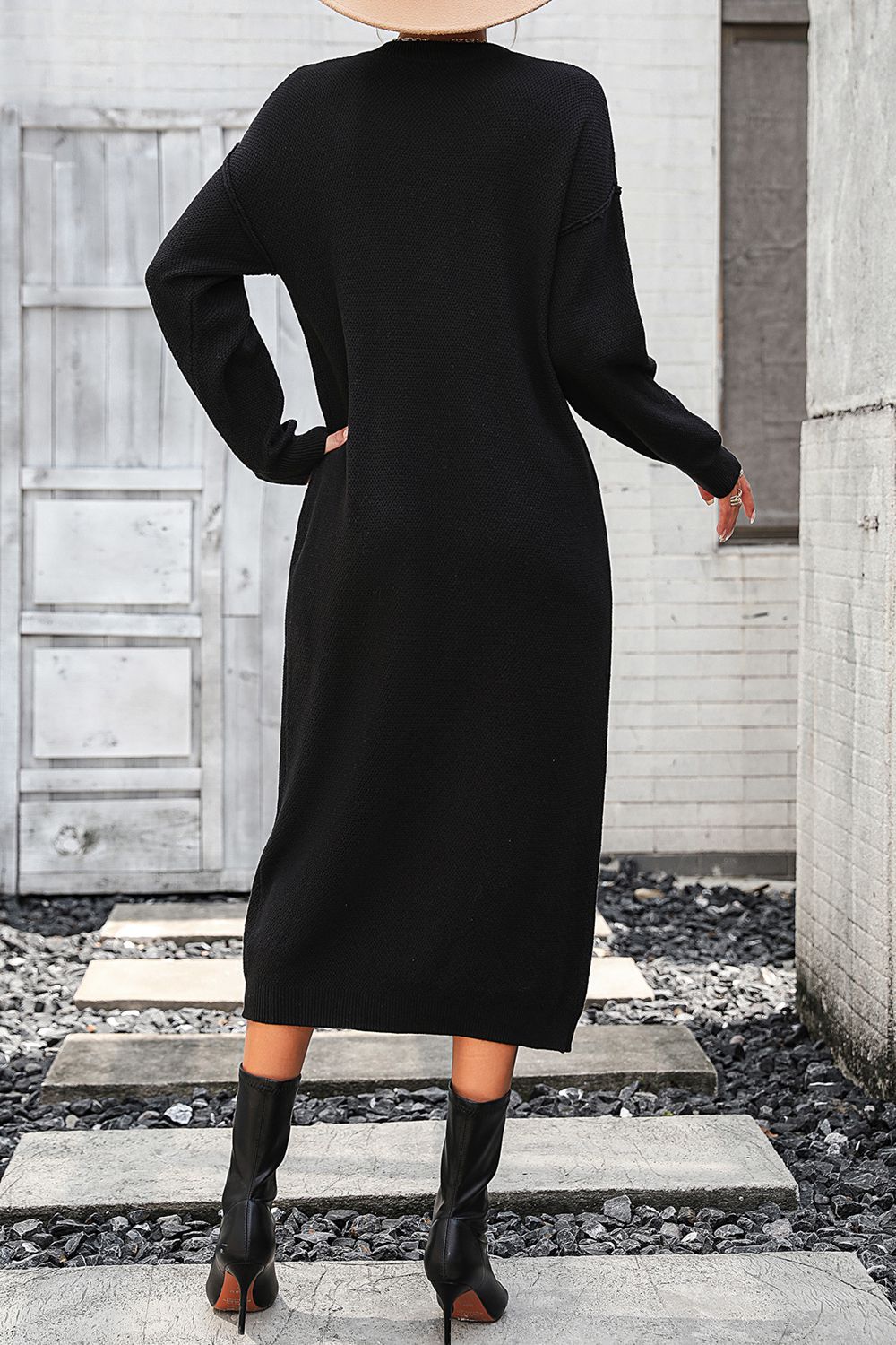 Notched Neck Dropped Shoulder Button-Down Midi Dress