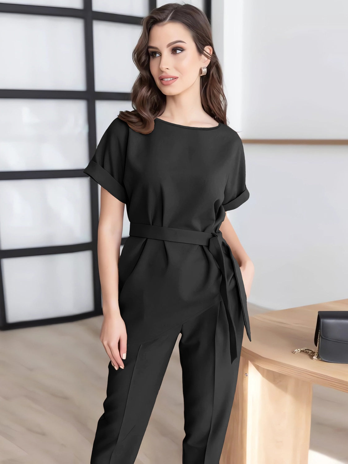 Round Neck Short Sleeve Top and Pants Set