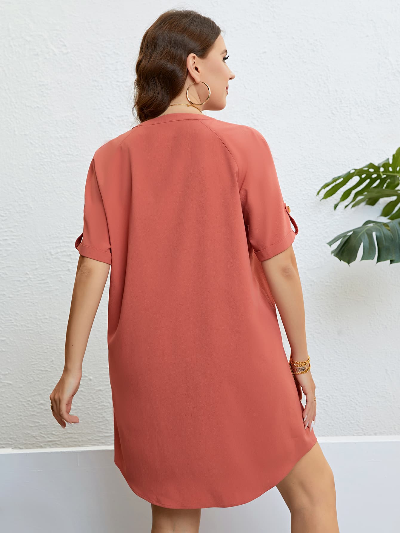 Plus Size Buttoned Notched Neck Shift Dress