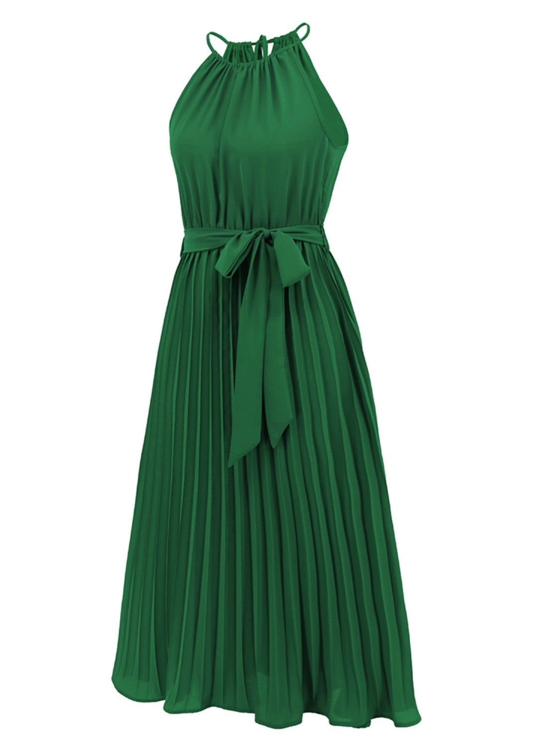 Pleated Spaghetti Strap Tie Waist Midi Dress