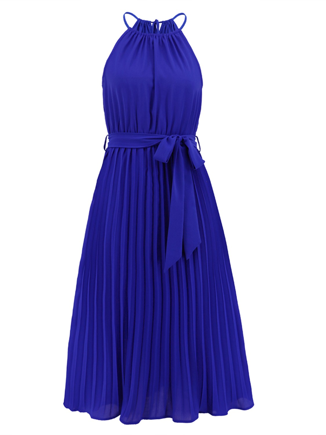 Pleated Spaghetti Strap Tie Waist Midi Dress