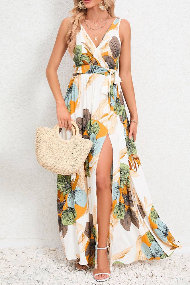 Wrap V Neck Pleated Maxi Floral Dress With Sash HYG150