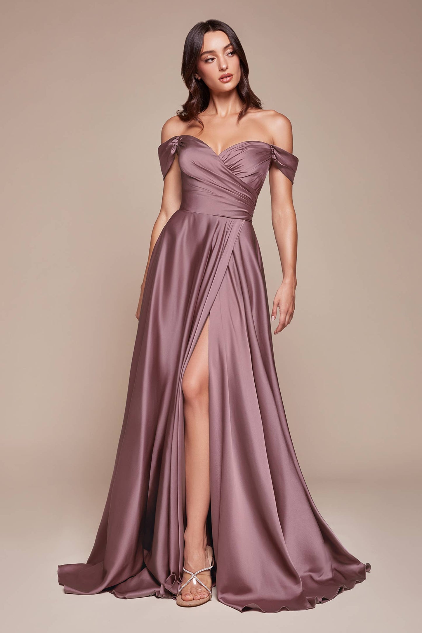 A-LINE SATIN OFF THE SHOULDER DRESS